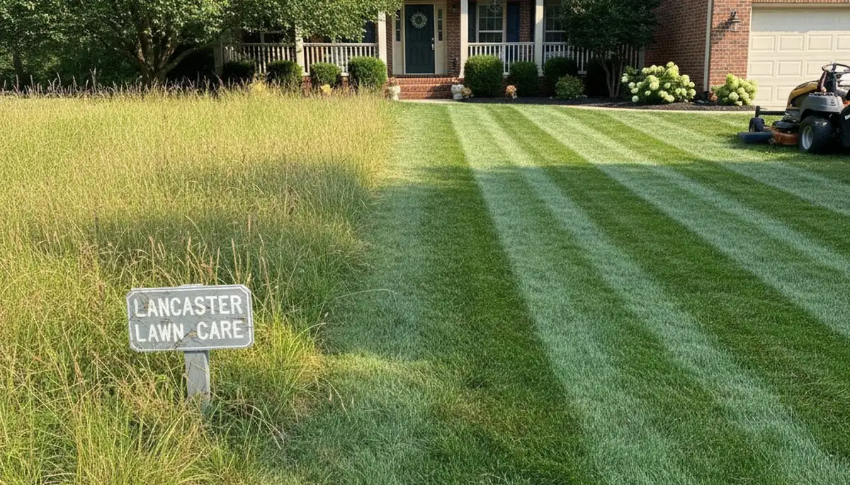 Before and after professional lawn mowing transformation by Chop Chop Landscaping in Lancaster, PA