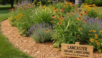 Organic landscape beds with pollinator-friendly plants and mulch by Chop Chop Landscaping in Lancaster, PA