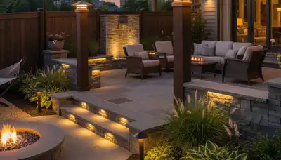 Illuminated deck and patio with post cap and step lights by Chop Chop Landscaping in Lancaster, PA