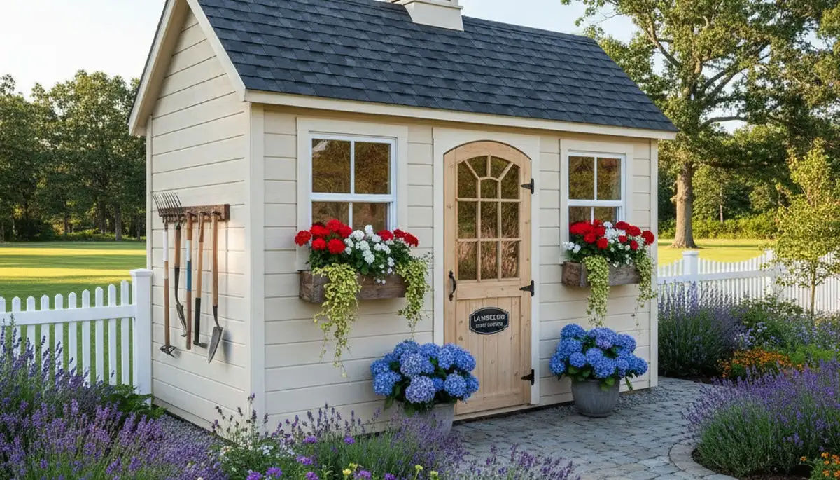 Decorative garden shed with plantings and pathway installed by landscapers in Lancaster, PA