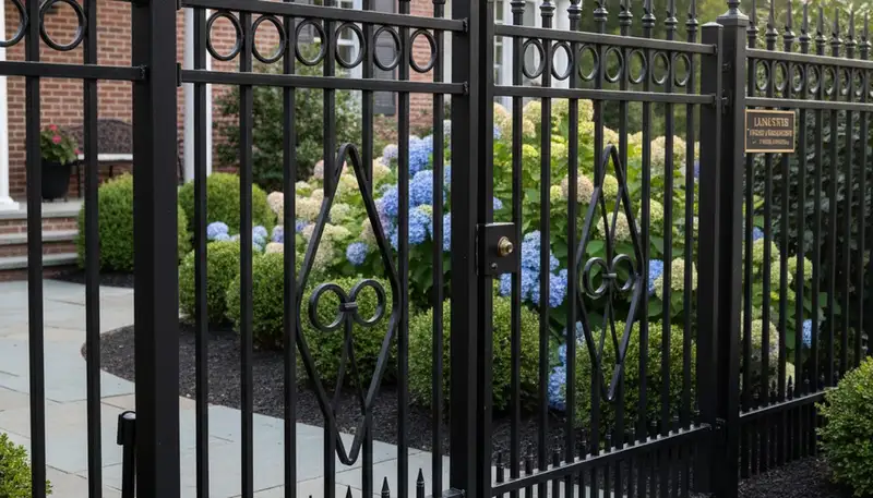 Ornamental black metal fence installation by professional landscapers in Lancaster, PA