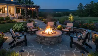 Fire pit patio with circular seating and landscape lighting by professional landscapers in Lancaster, PA
