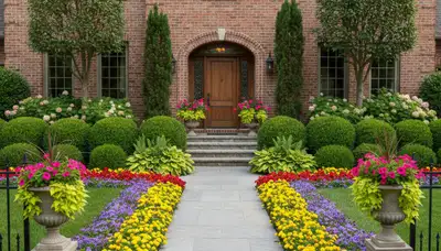 Front yard landscape design with colorful shrubs and flowers by professional landscapers in Lancaster, PA