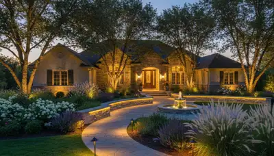 Evening landscape lighting showcasing illuminated walkways and gardens in Lancaster, PA