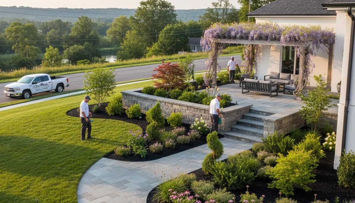 Landscaping crew providing lawn care and hardscape services in Lancaster, PA