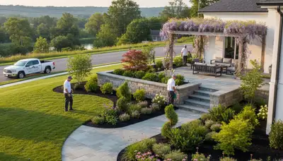 Landscaping crew providing lawn care and hardscape services in Lancaster, PA