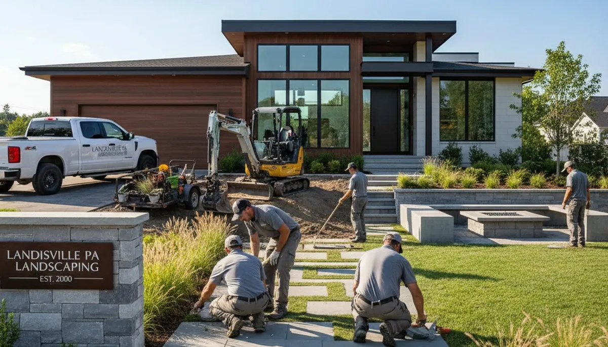Landscaping crew providing lawn care and hardscaping services in Lancaster, PA