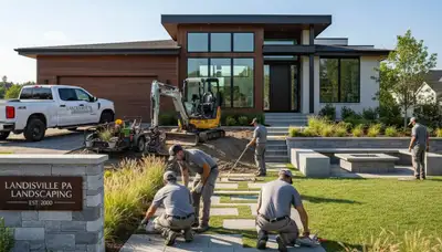 Landscaping crew providing lawn care and hardscaping services in Lancaster, PA