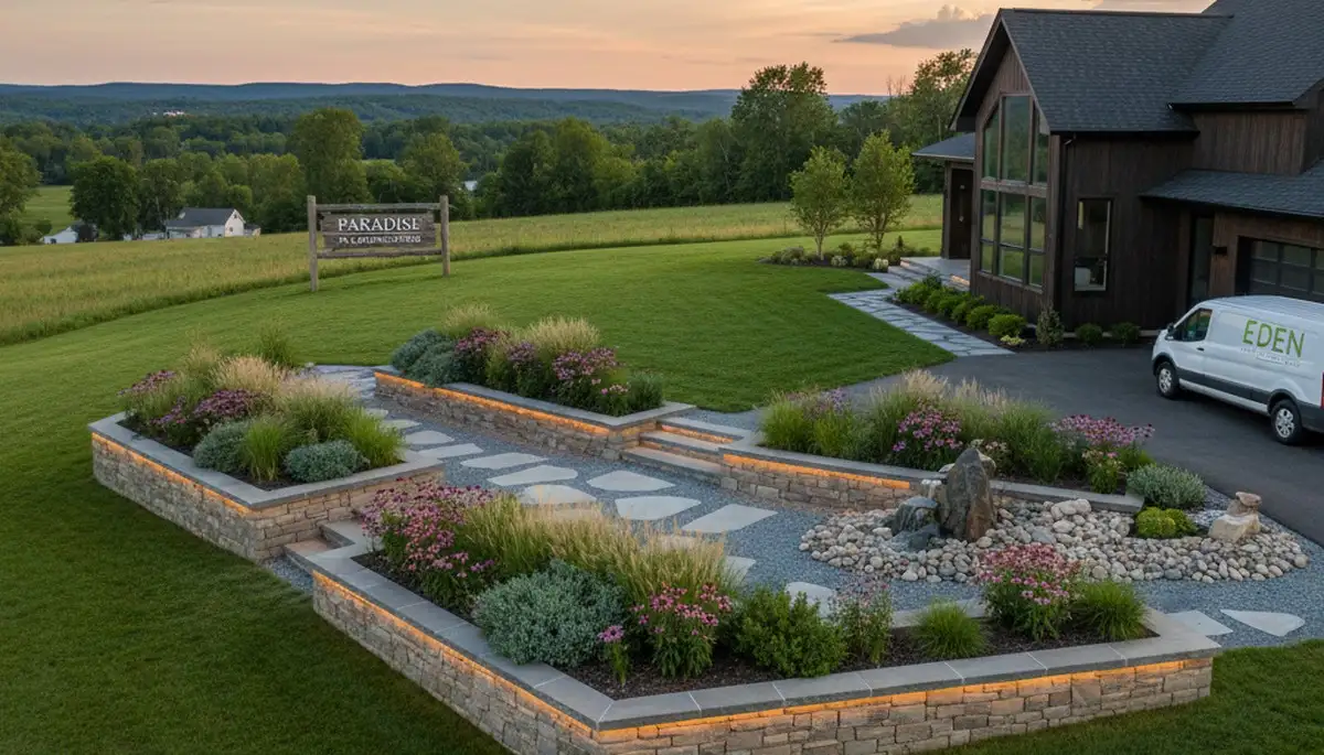 Landscaping team providing professional lawn care and hardscaping services in Lancaster, PA
