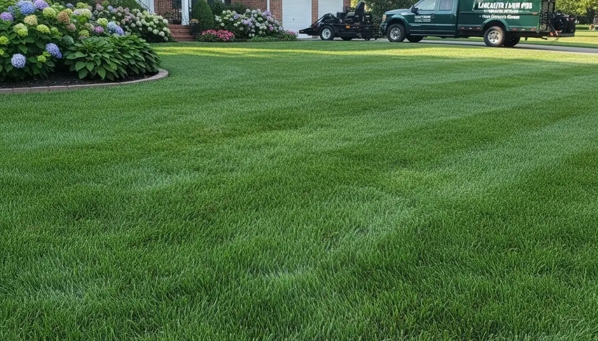 Lush green residential lawn after professional lawn care by Chop Chop Landscaping in Lancaster, PA