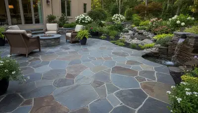 Flagstone patio with natural slate pavers in Lancaster, PA installed by professional landscapers