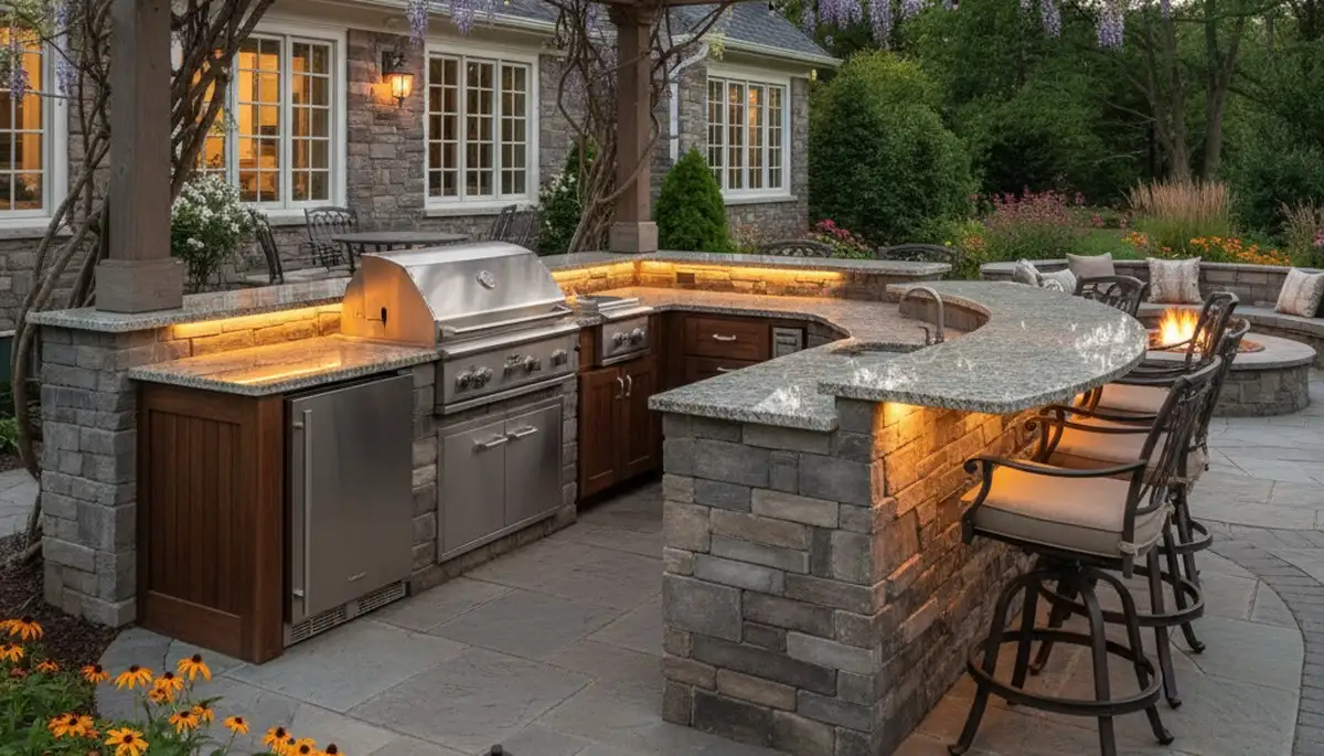 Luxurious outdoor kitchen with pergola and granite countertops by landscapers in Lancaster, PA