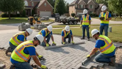 Professional landscapers installing driveway pavers in Lancaster, PA with precise leveling and base prep