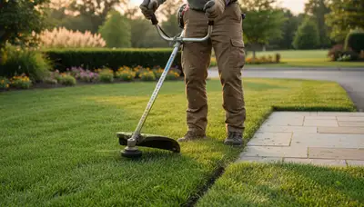 Technician performing precise lawn edge trimming with string trimmer in Lancaster, PA