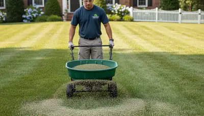 Lawn care technician fertilizing residential yard with broadcast spreader in Lancaster, PA