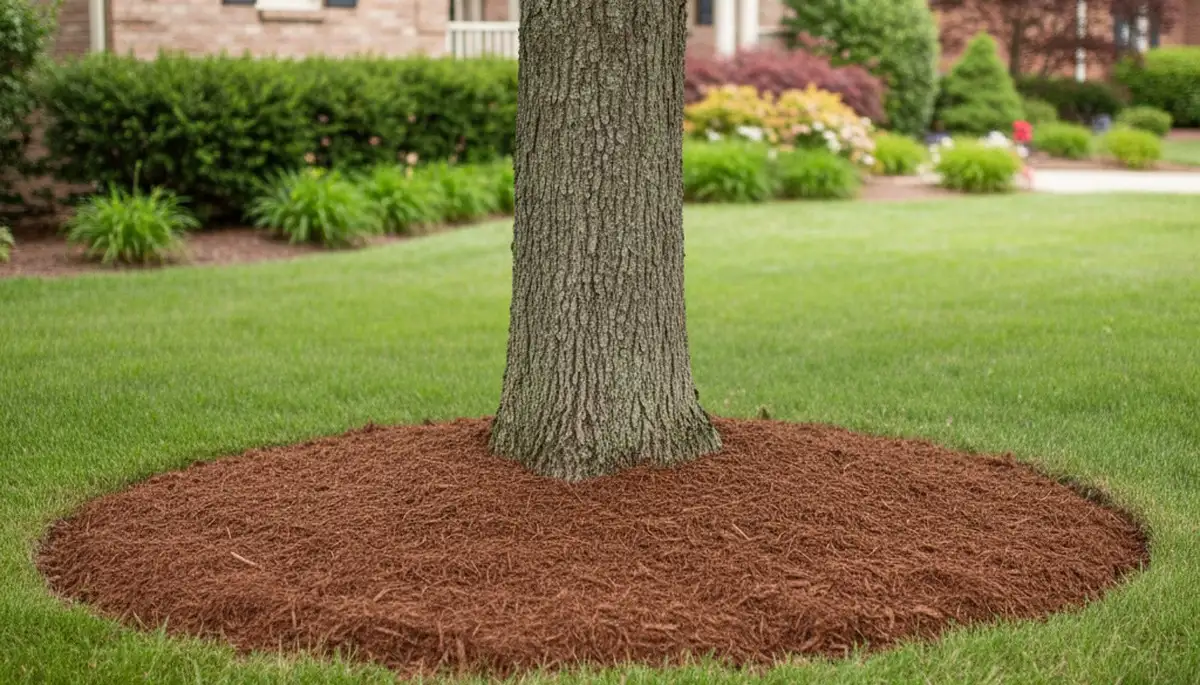 Professional tree ring mulch installation around healthy tree base in Lancaster, PA landscaping scene