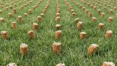 Close-up of aeration soil cores on Lancaster PA lawn showing turf health and treatment depth by landscapers