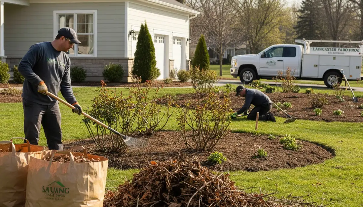Landscapers performing spring yard cleanup and pruning at a Lancaster PA property for seasonal refresh