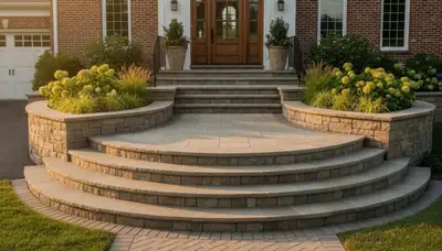 Stone paver entry steps installation by professional landscapers in Lancaster, PA residential home