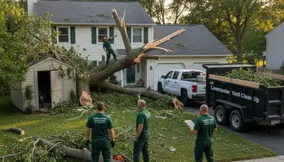 Storm debris cleanup crews restoring residential yard in Lancaster, PA after severe weather damage
