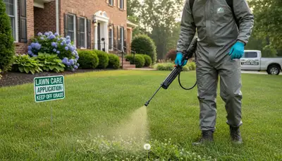 Lawn care technician applying targeted weed control treatment in Lancaster PA residential yard