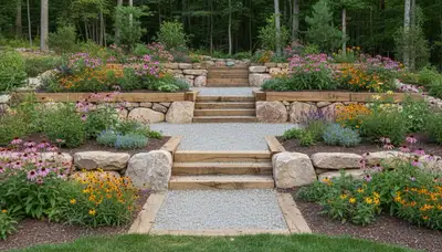 Terraced garden with timber steps and native plants by professional landscapers in Lancaster, PA