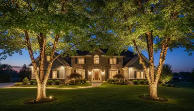 Uplit trees with dramatic shadows showcasing professional landscape lighting in Lancaster, PA